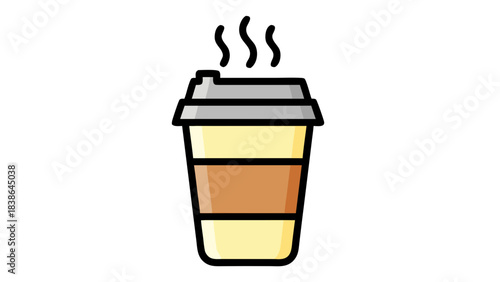 A Simple Flat Design Illustration of a Disposable Coffee Cup with a Brown Sleeve and Gray Lid on a Black Background Isolated Minimalist Graphic Representation of a To Go Beverage Container