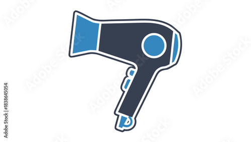 A simple illustration of a dark blue and light blue hairdryer with a white outline isolated on a black background symbolizing hair care and styling tools