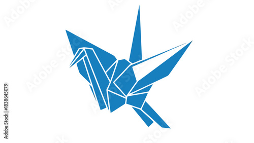 A blue origami crane crafted from paper floats against a stark black background symbolizing peace and hope in minimalist art