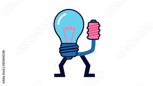 A pixelated light bulb character with arms and legs holding a pink spool of thread against a black background in a retro video game style