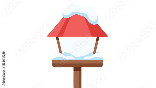A Red Rooftop Bird Feeder Covered in Snow with Snow on its Base and Wooden Post Isolated on a Black Background Winter Scene