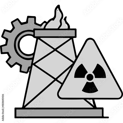 Industrial structure with gear and radioactive hazard symbol indicating nuclear power plant or energy production facility on a plain background