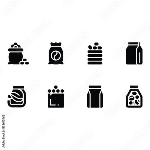 Collection of black and white icons representing food packaging and ingredients