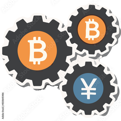 Interlocking gears displaying Bitcoin and Yen symbols representing financial technology and cryptocurrency exchange mechanism in a conceptual illustration