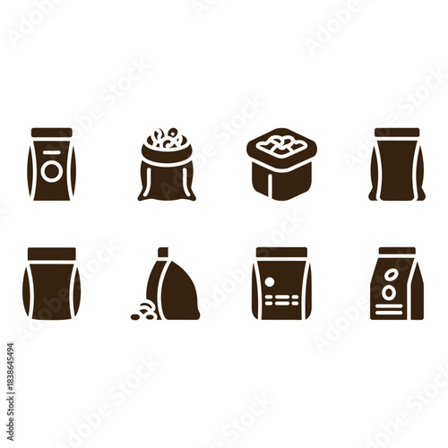 Collection of coffee bean packaging and sacks icons