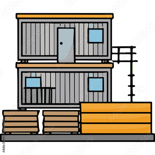Illustration of stacked shipping containers with windows and doors next to stacks of lumber on a gray surface with a black background featuring a simple line drawing style and bright blue window