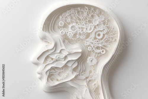 Fototapeta Naklejka Na Ścianę i Meble -  ペーパークラフト調で表現したAI頭脳イメージの抽象イラスト