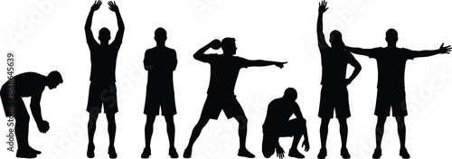 Basketball player silhouette poses set showing warm up, training, victory celebration and game actions, dynamic sports athlete collection isolated vector