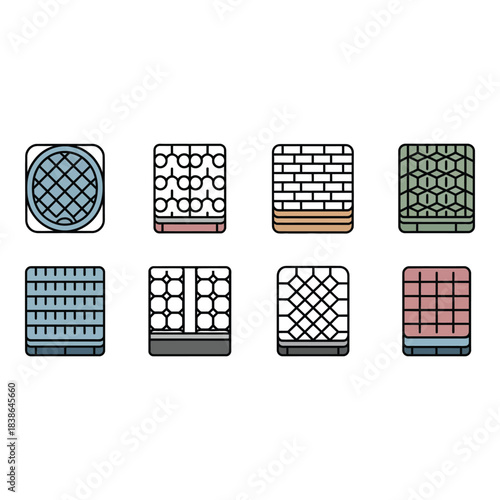 Collection of illustrated mattresses with diverse patterns