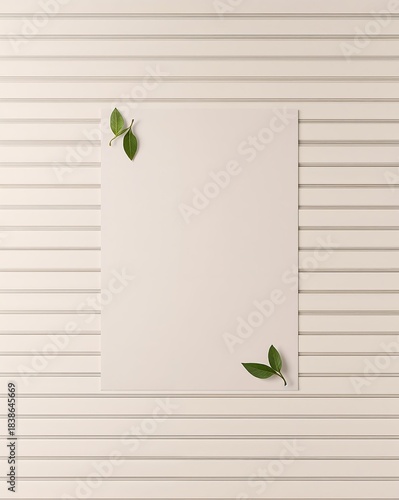 Clean background with paper and green leaves, minimalist composition