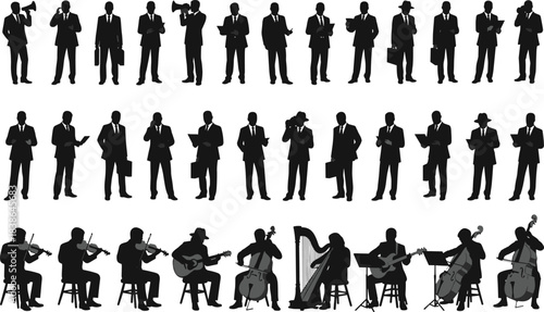 Business and music professional silhouettes set featuring executives, speakers, and orchestra performers in formal suits isolated vector collection design pack