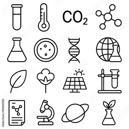 Science Essentials: A collection of meticulously crafted scientific icons, representing essential elements, tools, and symbols central to scientific inquiry and exploration.