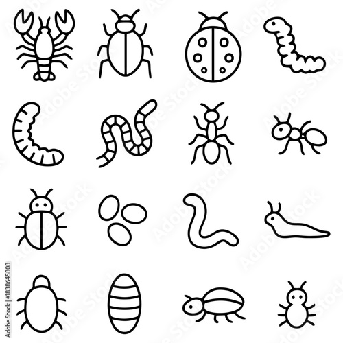 Insect Collection Iconography: A minimalist collection of detailed insect illustrations, perfect for educational or design projects. Showcasing the diversity of insect life in a clean.