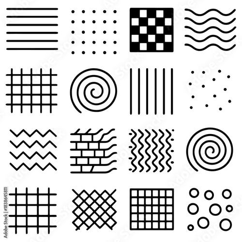 Geometric Patterns Array: a curated collection of diverse geometric patterns arranged in a structured grid, showcasing a blend of simple and complex designs and shapes