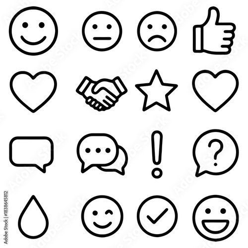 Icons of Expression and Connection: A collection of simple, black-and-white icons representing a range of emotions and interactions, perfect for conveying ideas and sentiments.