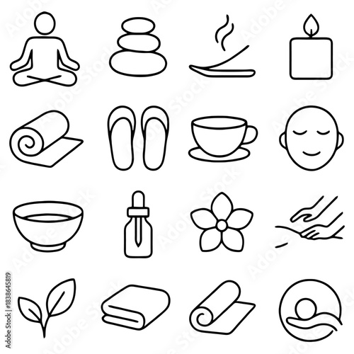 Spa & Wellness Elements: An array of symbolic illustrations representing the essence of spa and wellness, including meditation, aromatherapy, massage, and relaxation essentials. 