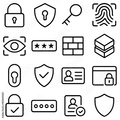 Security Icon Set: A comprehensive collection of meticulously crafted security icons, each symbolizing essential elements of protection and safety in digital and physical realms. 
