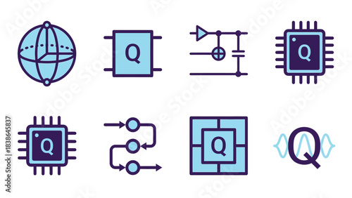 Quantum Computing Icons Set Qubits Circuits Processors and Concepts for Technology and Science