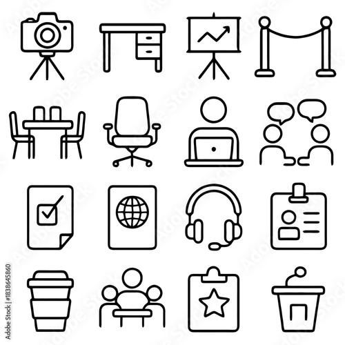 Office Icon Array: A collection of simple office icons, encompassing essential elements and tools. Capturing the essence of a modern workspace with visual clarity and universal appeal.