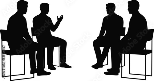 Business consultation silhouette showing professional discussion, client meeting, negotiation and teamwork between seated men in formal office communication concept isolated vector