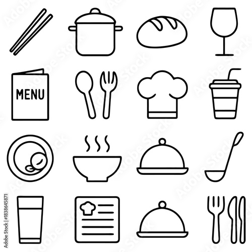 Culinary Essentials: A graphic arrangement showcases an array of culinary tools and dining elements, symbolizing the art of cooking, serving, and the dining experience.