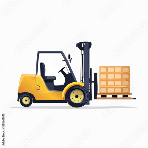 Yellow forklift transporting a pallet of boxes in a warehouse loading dock
