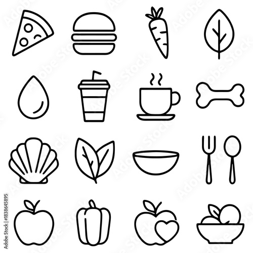 A Collection of Nourishment: An assortment of line art illustrations, capturing the essence of diverse edibles, from a slice of pizza to a vibrant apple, evoking the simplicity of culinary art.