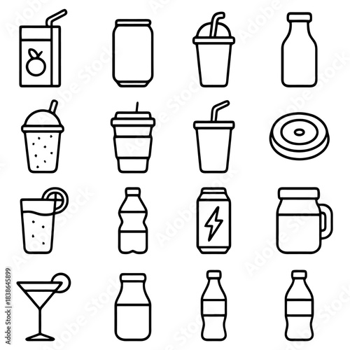 Diverse beverage selection: A collection of various beverages, from juices to soda, and water, each item meticulously outlined in a crisp black line, representing the vibrant world of refreshments. 