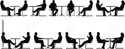 Business meeting silhouettes showing people sitting at table, discussion, negotiation, coffee break and professional communication concept isolated black vector illustration