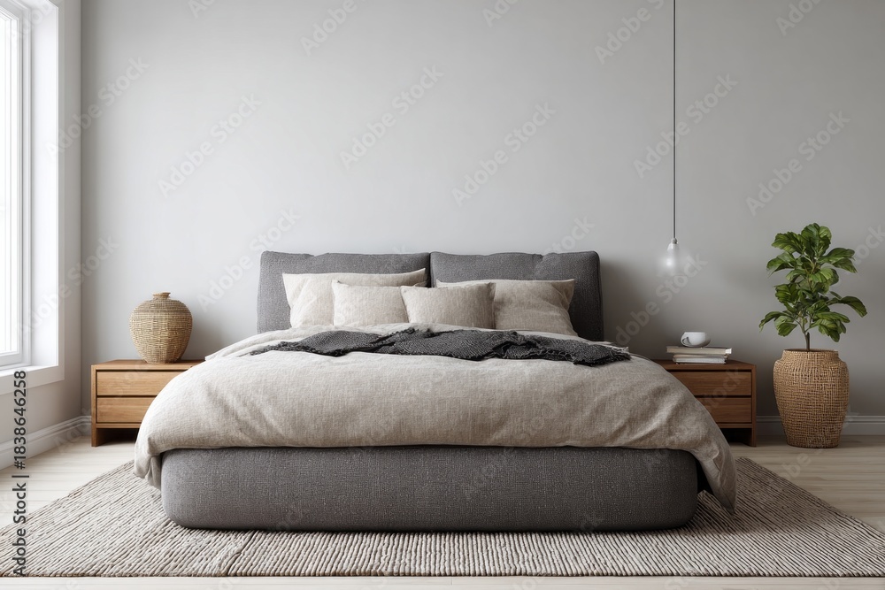 Fototapeta premium Minimalist bedroom with grey upholstered bed and natural decor.