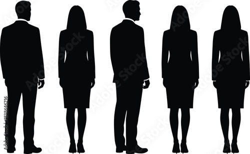 Business people back view silhouette set showing men and women standing from rear perspective in formal corporate posture isolated black vector illustration