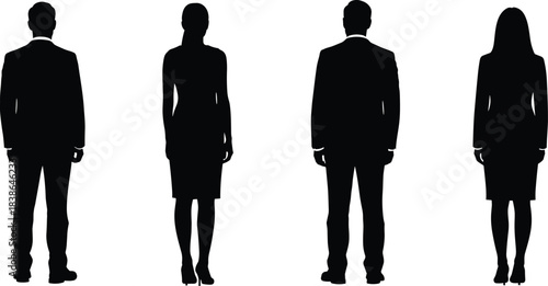 Business people back view silhouette showing professional men and women standing rear perspective in formal corporate posture isolated black vector illustration