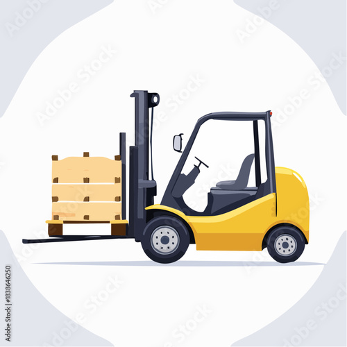 Dynamic illustration of a yellow forklift efficiently transporting wooden crates on a pallet, symbolizing essential material handling, logistics, and industrial operations