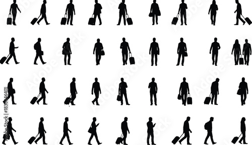 Business travelers walking silhouettes set showing men with rolling luggage, backpacks and briefcases in airport commute and urban transit scenes