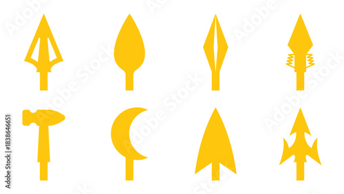Collection of Yellow Weapon Points and Tools Icons on White Background