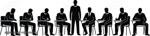 Classroom exam silhouette students writing test under teacher supervision, education assessment concept, academic evaluation scene isolated black vector illustration design