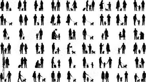 Family and pet silhouettes collection showing parents, children and dogs walking, holding hands, traveling, caring and daily life interaction scenes