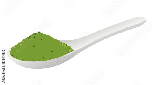 A White Spoon Filled With A Small Pile Of Bright Green Matcha Powder On A Black Background With No Lighting Effects Or Shadows