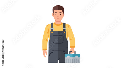 A Smiling Man Wearing Yellow Long Sleeve Shirt and Gray Overalls Holding a Toolbox in Front of a Black Background Professional and Confident Stance
