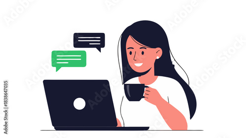 A Smiling Woman Sits at a Desk Holding a Mug and Typing on a Laptop with Chat Bubbles Above Her Head and a White Background