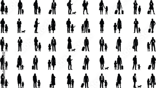 Family travel and daily life silhouettes showing parents, children and pets walking, holding hands, carrying luggage and everyday urban interaction