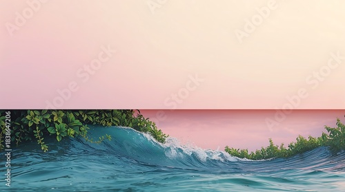 Ocean wave crested with lush green foliage against pastel sky