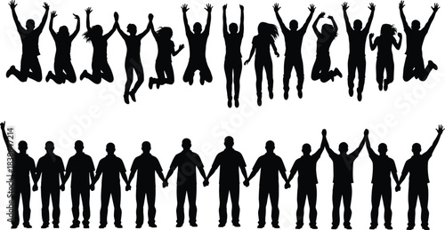 Jumping and unity celebration silhouettes showing happy men and women cheering, holding hands, teamwork success, friendship, victory and positive energy concepts