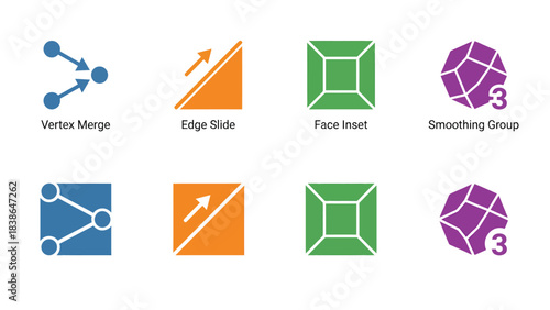 Geometric Icons Representing 3D Modeling Operations and Data Connections for Digital Design and Tech Concepts