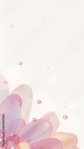 Pink flower petals and floating water droplets on white background.
