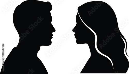 Man and woman face to face silhouette profile illustration showing communication, relationship, dialogue, romance, psychology, conflict, connection concept on white background