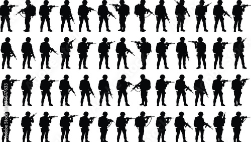 Military soldier silhouettes collection showing armed troops with rifles in multiple combat stances, tactical positions, patrol duty and defense actions isolated