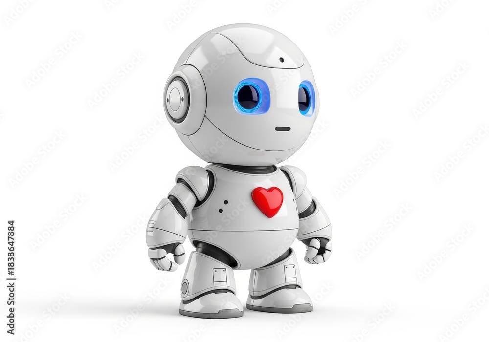 Fototapeta premium Small white humanoid automaton with glowing blue eyes stands against a plain backdrop