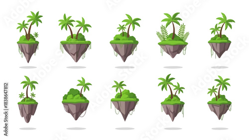 A captivating collection of cartoon floating islands with lush palm trees and vibrant green