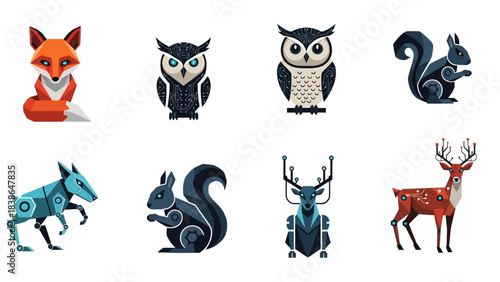A captivating collection of stylized animal illustrations blending nature with technology and
